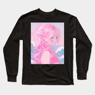 Pink Anime Girl Waves Japanese Long Sleeve T-Shirt